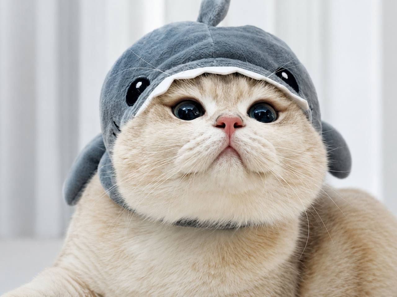 A cream British Shorthair cat wearing a cute shark hat